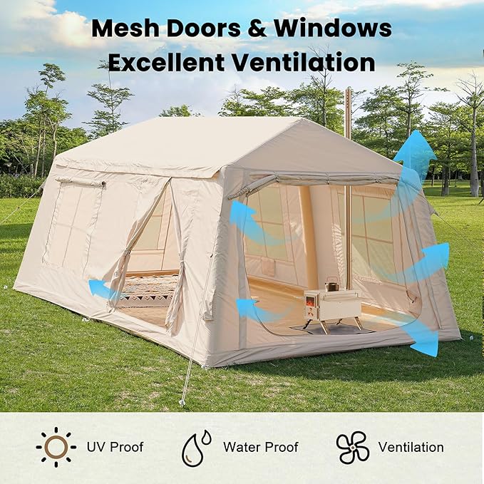 Inflatable Tents for Camping, Blow Up Tent with Hand Pump, Easy Setup Inflatable Hot Tent with Stove Jack, Waterproof Oxford Air Glamping Tents for Camping Adult 4 Person Upgrade Version