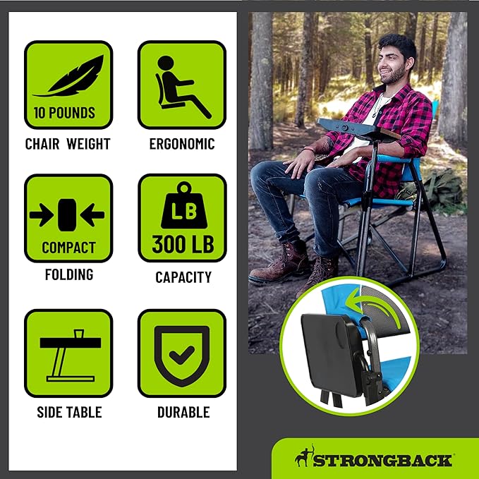 STRONGBACK Outdoor Chair Director Portable Camping Chair with Lumbar Support and Side Table - Heavy-Duty Foldable Chair - Blue/Grey
