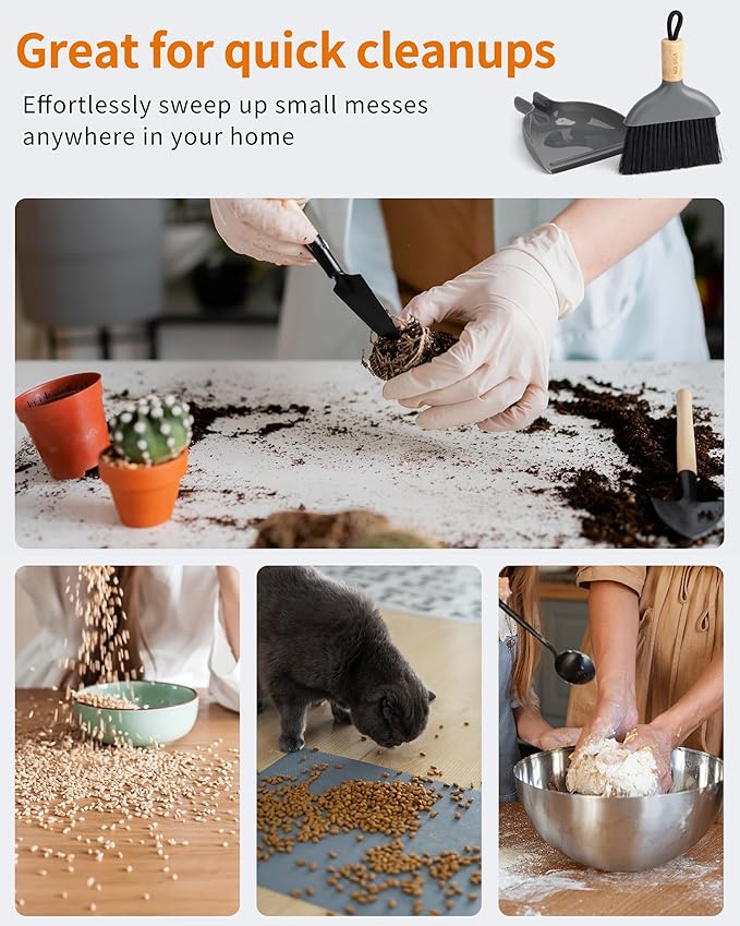 MR.SIGA Mini Dustpan and Brush Set, Portable Cleaning Brush and Dustpan Combo with Bamboo Handle, Gray, 1 Set