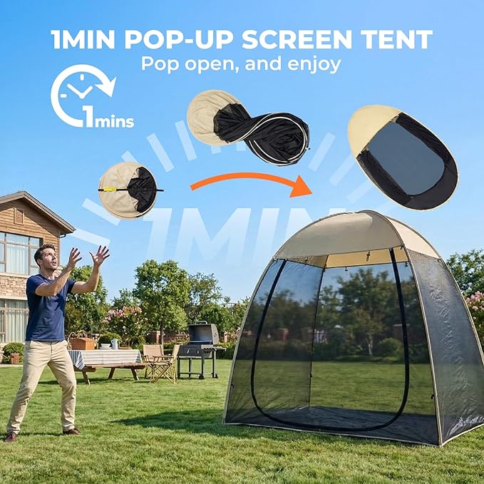 Alvantor® Pop Up Screen House Tent, Snap-fit Mesh Screen Gazebo with Peaked Roof, Portable Screen Room Canopy Shelter with Sandbags for Camping, Backyard, Picnic