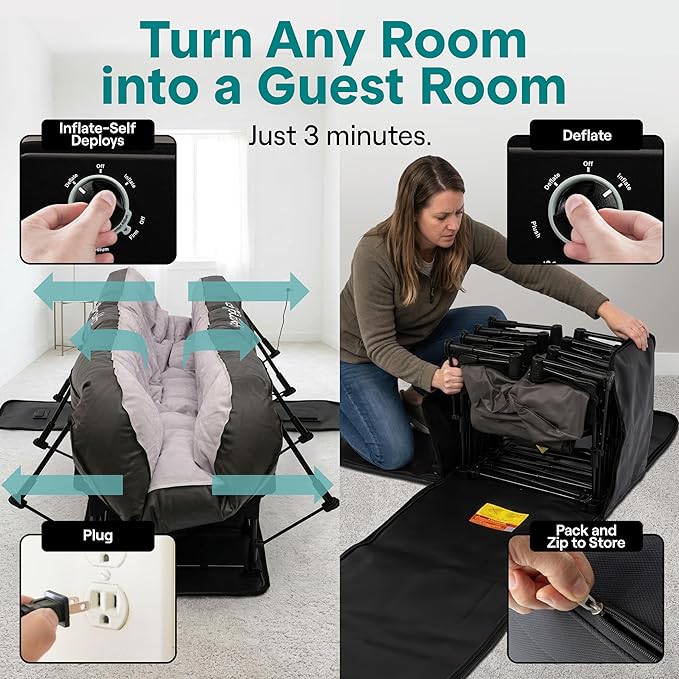SereneLife (King) EZ Bed Luxe Air Mattress with Frame and Rolling Case - Luxury Series with Bonus Memory Foam Cover, Constant Comfort Pressure Maintaining Pump, Built-in Headrest, Wall Plug AC