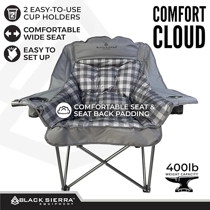 Black Sierra Oversized Camping Chair for Adults, Heavy Duty Outdoor Seat with Plush Padding, Supports 400lbs, Cup Holder & Carry Bag, Comfortable Folding Chair for Tailgating, Patio, & Sideline Events