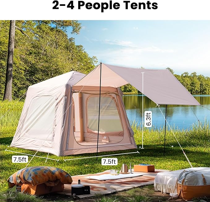 Inflatable Tents for Camping, Blow Up Tent with Hand Pump, Easy Setup Inflatable Hot Tent with Stove Jack, Waterproof Oxford Air Glamping Tents for Camping Adult 4 Person Upgrade Version