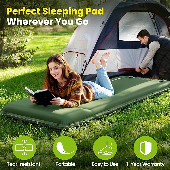 Camping Sleeping Pad, Built-in Foot Pump Inflatable Sleeping Pads, Memory Foam Mattress with Pillow, 4 Season Camping Mattress Pad, Camping Essentials Gear for Tent, Car, Hiking - Green