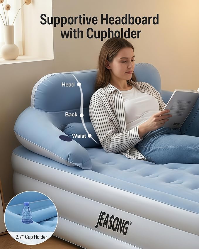 JEASONG Air Mattress Queen with Built in Pump, 20" Raised Blow Up Mattress, Cordless Inflatable Mattress, Air Bed with Headboard, Inflatable Bed Portable Airbed for Camping, Guest, and Home, 700 lbs