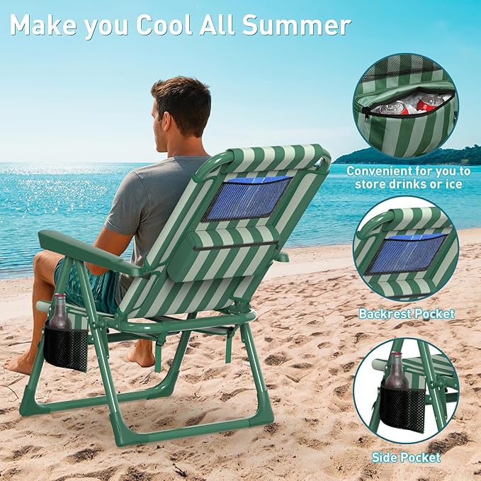 Suteck Backpack Beach Chairs for Adults 2 Pack, 6-Position Folding Reclining Chair with Cooler Bag & Cup Holder, Lightweight Portable Beach Chair for Camping, Outdoor, Sand, Travel Use