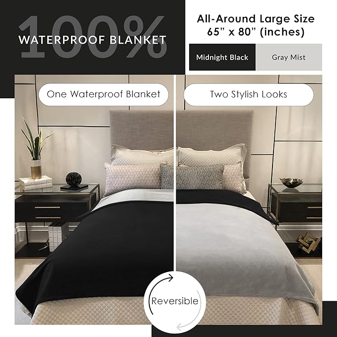Waterproof Blanket | Machine Washable Dog Bed Cover | Water Proof Blanket to Protect Your Bed Couch Car from Leaks Spills & Accidents | for Adults Dogs & Pets | Oversized Queen Fit - 65x80in (Black)