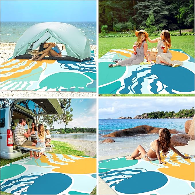 Beach Blanket Waterproof Sandproof Oversized, 110''×118'' Extra Large Beach Mat Sand Free, Lightweight Compact Foldable Picnic Blanket w/ 4 Stakes & Pockets for Camping, Travel, Beach Accessories