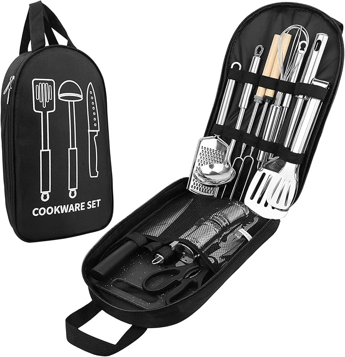 Camping Cooking Utensils Set, Stainless Steel Grill Tools, Camping BBQ Cookware Gear and Equipment for Travel Tenting RV Van Picnic Portable Kitchen Essentials Accessories