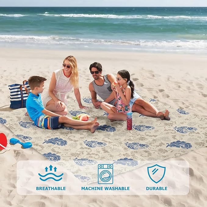 Beach Blanket Waterproof Sandproof, Bohemian Oversized Extra Large Picnic Mat 83"×95"/8 × 7 FT for 1-7 Adults for Travel Camping Hiking, Quick Drying Lightweight Beach Vacation Essentials