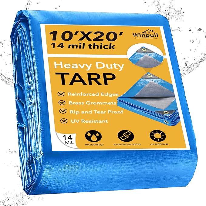 Tarp 10x20 Feet 14 Mil Heavy Duty Waterproof Tarp, Large Multipurpose Cover with Brass Grommets and Reinforced Edges, UV Resistant Thick Poly Tarps for Outdoor Camping Tent Pool Car, Blue