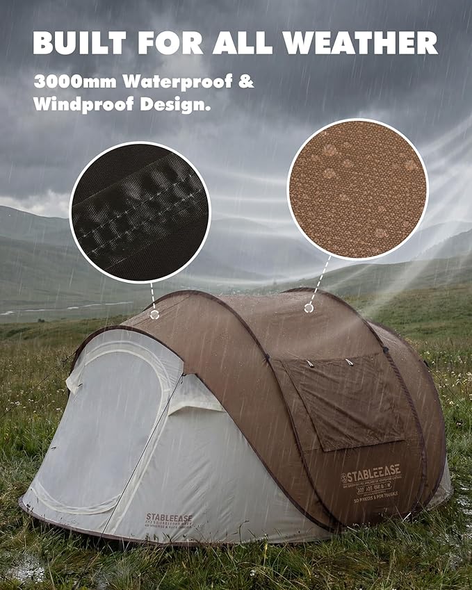 4 Person Instant Pop Up Tent, Automatic Waterproof Windproof Camping Tent with 2 Doors for Outdoor Hiking, Beach & Travel, Portable Family Tent with Carry Bag for Easy Setup