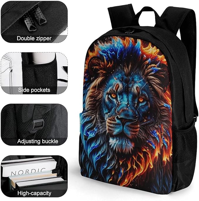 Men Women Polyester Cool Lion Fire Surreal Style Art Daypack Big Capacity Shoulder Bag With Smooth Zippers for Hiking Work Walking Cycling