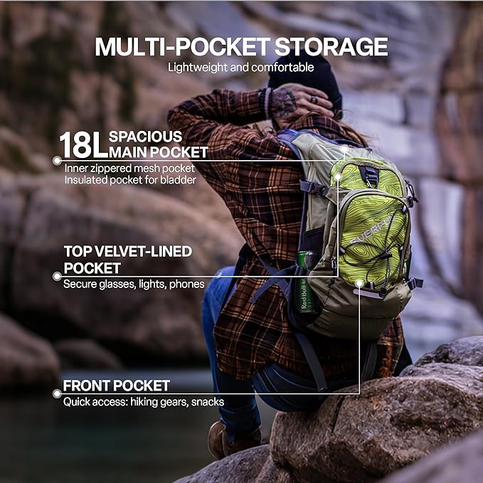 Everfun Hydration Backpack 18L with Water Bladder 2L/3L Hiking Water Backpack Women Men Hydration Pack Insulated Lightweight Day Hydropack with Storage for Hiking, Biking, Running, Festival