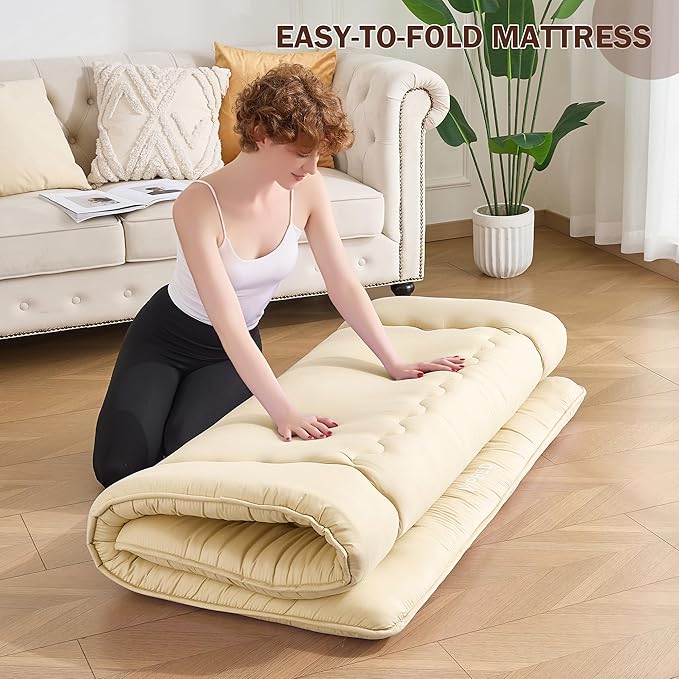 Japanese Floor Futon Mattress Full Size, 4" Thicken Foldable Mattress Tatami Mat Sleeping Pad, 25D Foam Filled Traditional Shiki Futon (shikibuton), Designed in Japan (Beige 54"x 80")