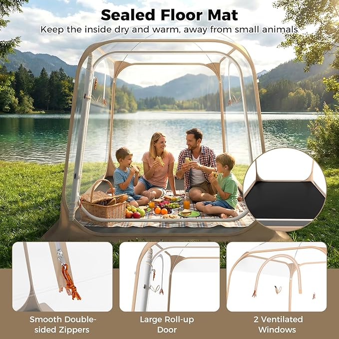 Tangkula All Weather Sports Tent for 2-4 People, 7x7 Ft Pop Up Outdoor Clear Bubble Tent with Waterproof Tarp Floor, Stakes, Wind Ropes, Sandbags, Carrying Bag for Sports Fishing Camping Cheering