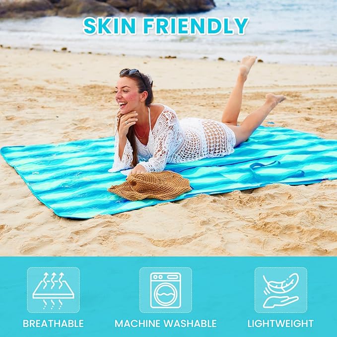 #WEJOY 3 in 1 Outdoor Picnic Blanket, Padded 3 Layers Beach Blanket, 80x60'', 4 Person, Easy to Fold, Waterproof for Lawn,Camping, Park (Cyan)
