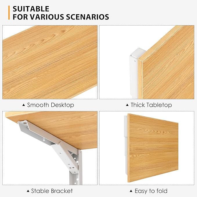 Need Wall Mounted Desk - Heavy Duty Folding Work Table Length 36" Width 20"/Small Space Hanging Desk Perfect Addition to Home/Office/Kitchen & Dining Room Teak&White AC15-9050TW-ND