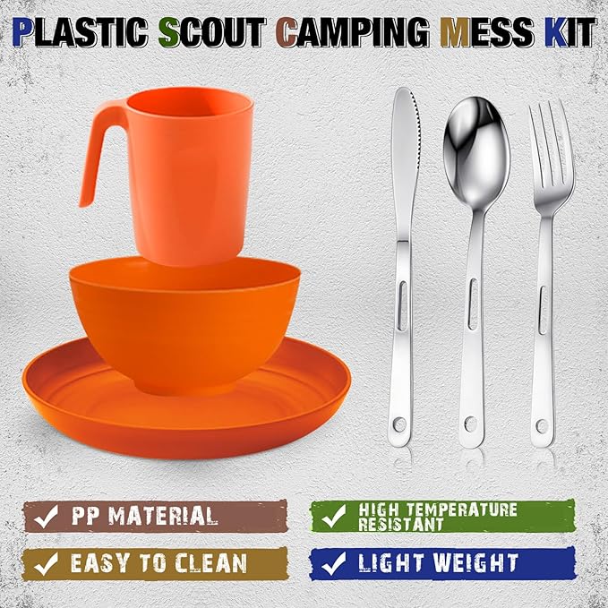 Scout Camping Mess Kit for 1 Person Boy Scout Dishes Set Girl Scout Mess Kit with Mesh Bag Reusable Light Weight Eating Utensils Plastic Camping Cutlery Set for Travel Camp