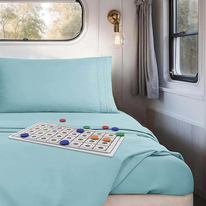 Hearth & Harbor Short Queen Sheets for RV, Light Blue RV Queen Sheets, Silky Soft 1800 Microfiber Bed Sheet for Camper, 4 Piece RV Bedding with Pillowcases