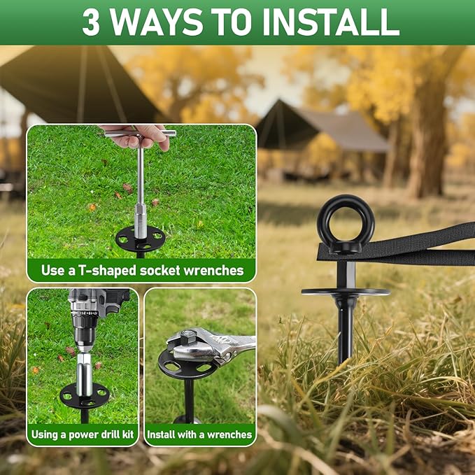 Ground Anchors Screw in - Heavy Duty Trampoline Anchors/Stakes for High Wind, 4 Pack Earth Anchor Kit with Straps and Wrenches for Swing Set, Trampolines, Shed, Mobile Home, Carport, Gazebo