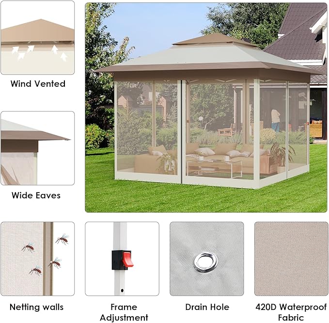 TLSUNNY 13' X 13' Pop Up Gazebo, Outdoor Canopy Tent W/4 Mesh Walls & Wheeled Bag, Screened Shelter with Netting, One-Person Set Up, Height Adjustable, for Patio, Yard, Party, Garden (Khaki)