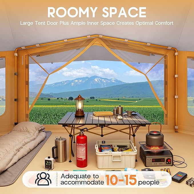 SPECRAFT Canvas Bell Yurt Tents & Inflatable Tent for Camping, Waterproof Glamping Tent with Stove Jack, Breathable Mesh, Snowproofing Spacious 4-Season Family Shelter for Outdoor, Camping, Parties