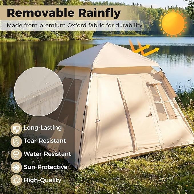 Tangkula 4 Person Camping Tent, Instant Pop-Up Cabin Tent with Removable Rainfly, Mesh Windows & Dual Doors, Carrying Bag, Portable Outdoor Family Shelter for Picnic, Backpacking, Traveling