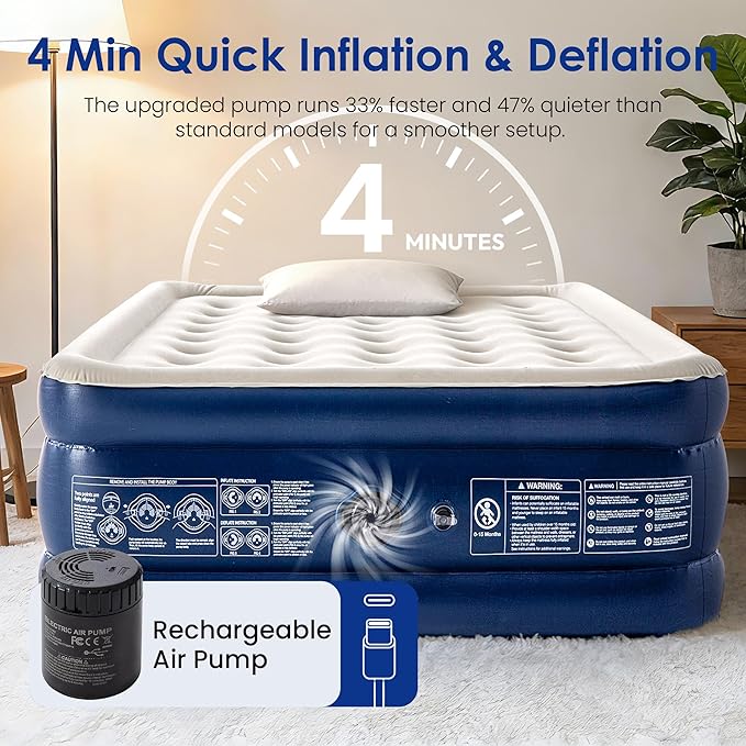 Camping Air Mattress Queen with Built in Pump 18" Thickness 660lbs Heavy Duty Comfortable Blow up Air Mattress with Carry Bag Inflatable Foldable Flocked Top Air Bed for Travel, Home (Blue & Grey)