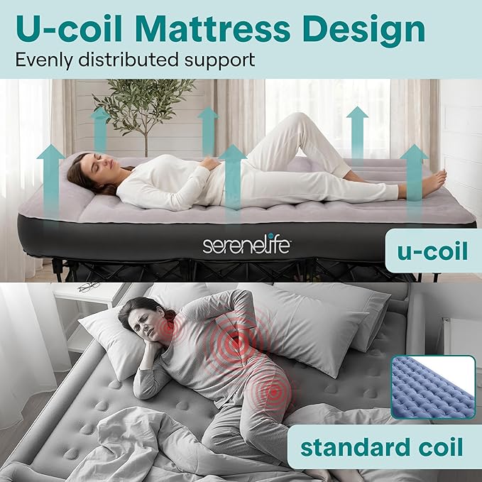 SereneLife (Twin) EZ Bed Luxe Air Mattress with Frame and Rolling Case - Luxury Series with Bonus Memory Foam Cover, Constant Comfort Pressure Maintaining Pump, Built-in Headrest, Wall Plug AC
