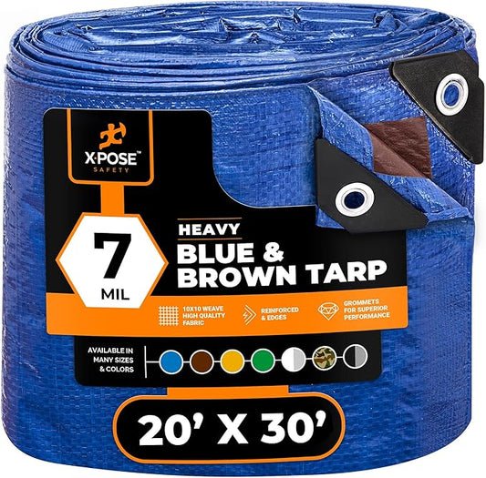 Xpose Safety 20’ x 30’ Heavy Blue/Brown Tarp - Waterproof - 7 Mil Weatherproof Camping Tarp for Tent, Rain, Wind & Sun - Plastic Tarpaulin Cover Outdoor for Roof, Trailer, RV, Car, Boat