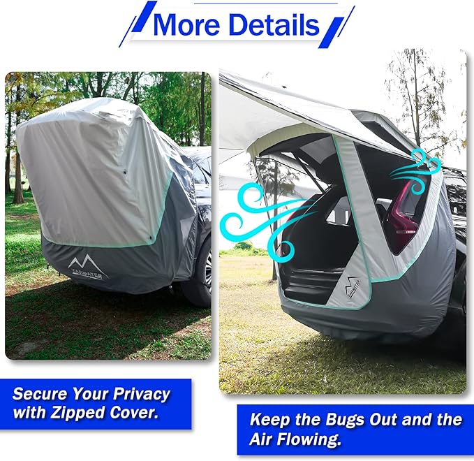 SUV Tailgate Tent with Poles &Three Sides Awning Shade & Transmittance Mosquito Net, Hatchback Camping Sunproof Car Tenting, Universal SUV Windproof Camping Gear Tent Outdoor Travel