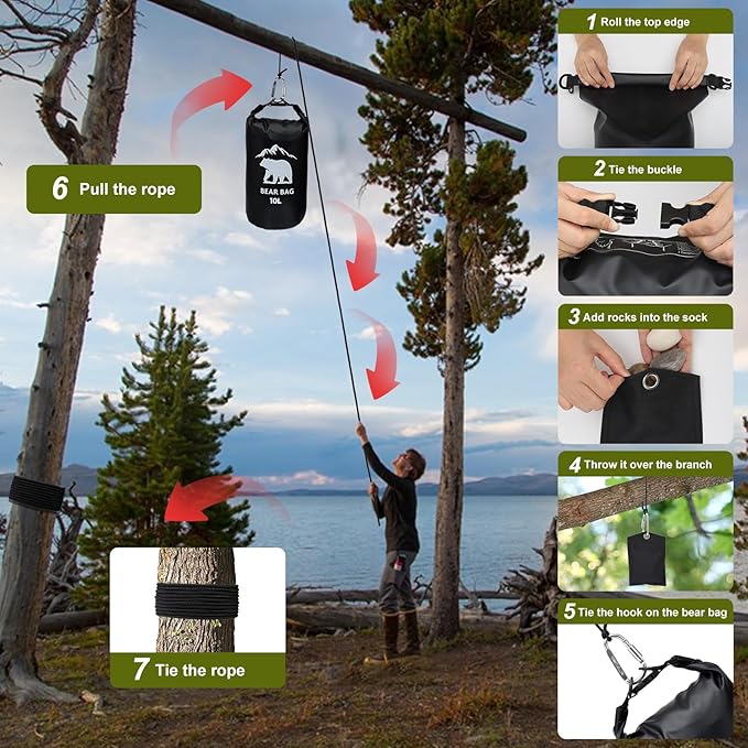 1 Set Bear Bags for Food Backpacking 10L Bear Food Bag Hanging System Bear Proof Food Storage Includes Waterproof Bear Bag, Rock Pouch, Hooks and Nylon Ropes for Camping Hiking (10 L, Black)