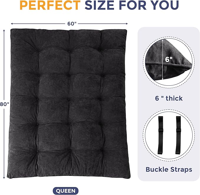MAXYOYO Floor Mattress Queen Size, 6" Chenille Japanese Futon Mattress Foldable Floor Bed for Adults Tufted Roll Up Floor Couch Bed, Tatami Mat Sleeping Pad for Living Room, Bedroom, Black
