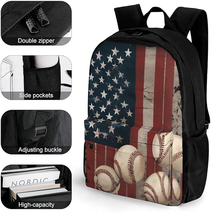 Supdreamc Adults Lightweight Vintage Patriotic Usa American Flag Baseball Print Rucksacks Large Capacity Bookbag With Adjustable Shoulder Straps for Trekking Outdoors Bicycle