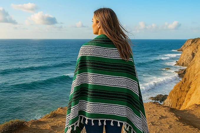 Airooglee 77" L x 46.4" W Large Mexican Blanket - Perfect as Camping Blanket, Yoga Outdoor Beach Serape Picnic Woven Blanket, Boho Home Décor - Green