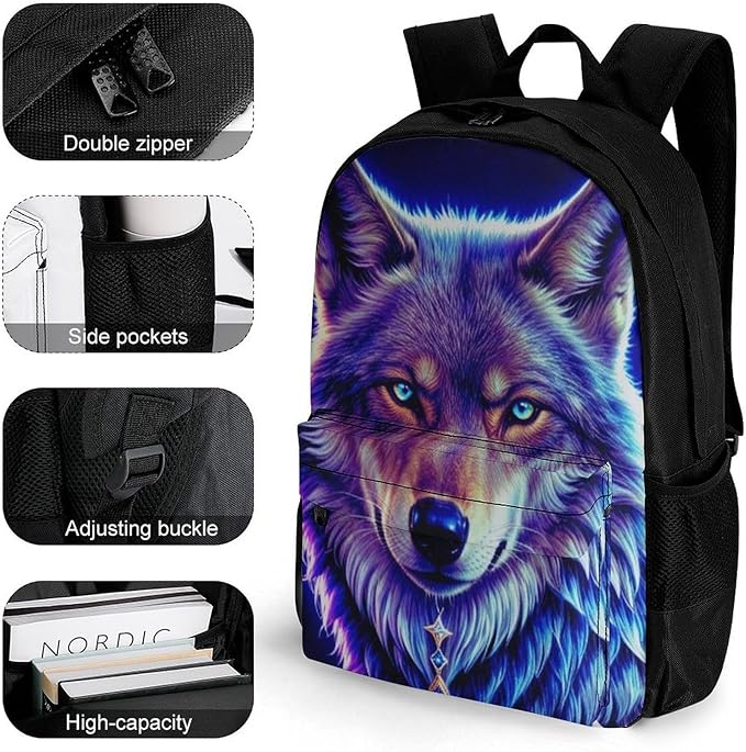 Rucksack Multipurpose Anti-Theft Big Capacity Shoulder Bag, Blue Universe Galaxy Magic Wolf In The Space Travel Hiking Camping Rucksack With Side Pockets
