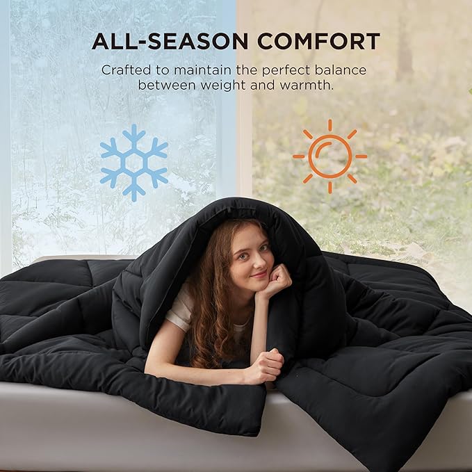 Bedsure Comforter Duvet Insert - Quilted Comforters Full Size, All Season Duvet, GentleSoft Down Alternative Bedding, with 8 Tabs, Gifts for Women/Men, Black, Full 86 x 82 Inches