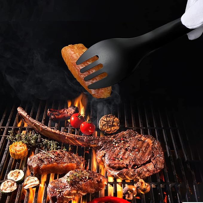 MSY BIGSUNNY Appetizer Tongs - Stainless Steel Kitchen Locking Food Tongs, Buffet Serving Tongs Set of 2(Black, 9 inch)