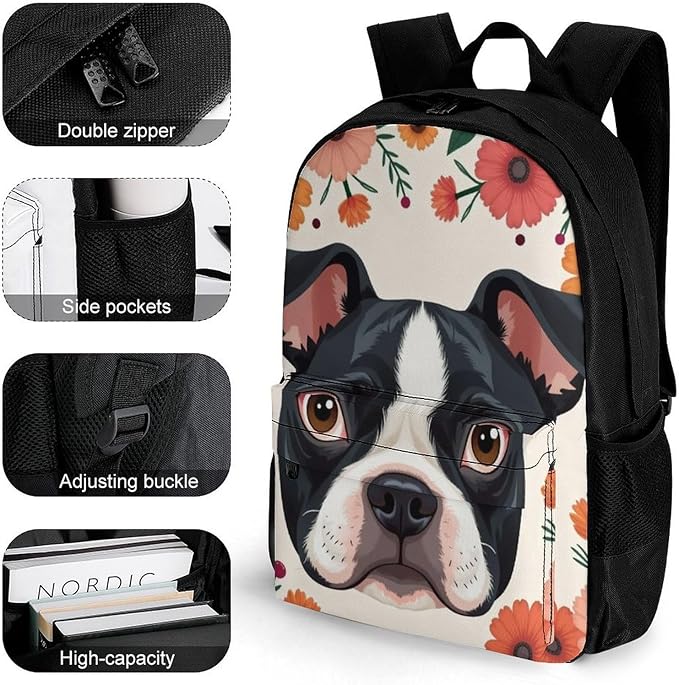 Supdreamc Polyester Daypack for Camping Travel Walking Cycling, Big Capacity Anti-Theft Multipurpose Bookbag, Boston Terrier Flower Floral Camping Outdoor Backpack