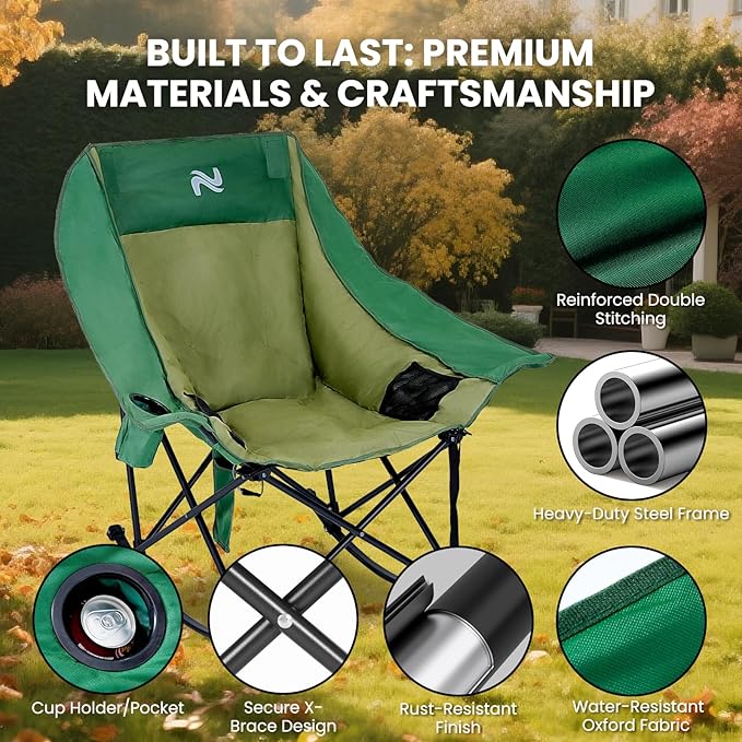 Begonia.K Oversized Heated Rocking Camping Chair - 400lbs Capacity Padded Camping Recliner w/ 3 Levels Back Seat Heat - Folding Lawn Chair with Side Pockets for Camp Patio Backyard