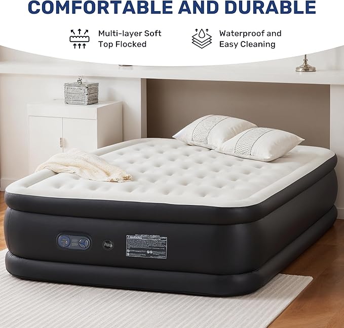 YSSOA Queen Camping Air Mattress with Built-in Electric High-Speed Pump, 18" Bed Height, Comfort Blow Up Inflatable Airbed with Carrying Bag for Travel & Home Guests, Waterproof Foldable Portable