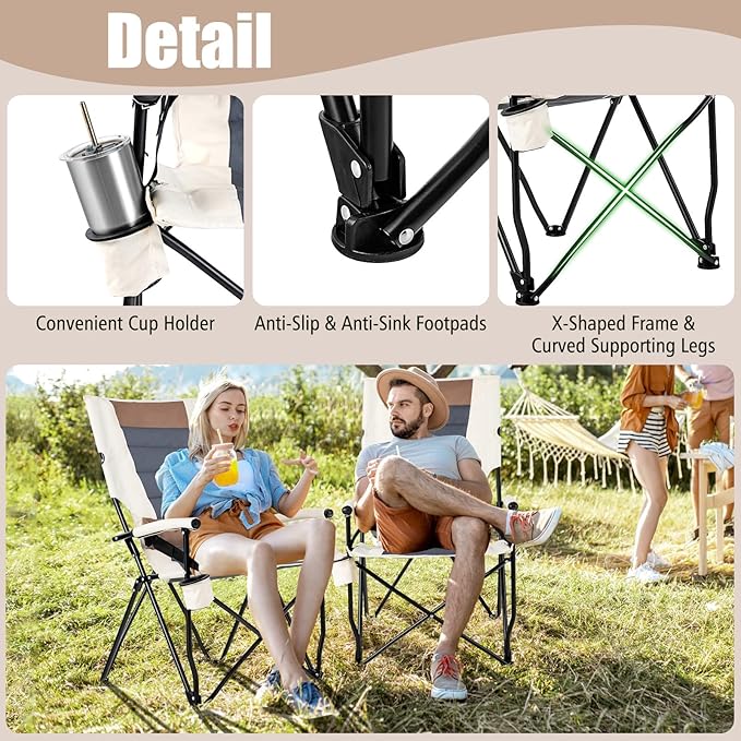 HAPPYGRILL Folding Camping Chair Set of 2, Portable Lawn Chair with Cup Holder & Carrying Bag, 330 LBS Folding Chair for Outside Fishing Travel Swimming Picnic