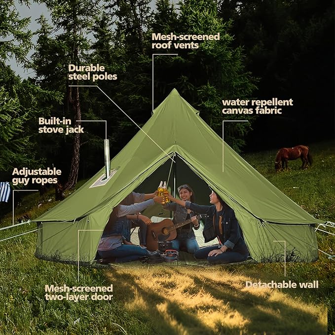 Cotton Canvas Bell Tent, Waterproof Large Tents with Sturdy Center & Door Pole and Space for 4/6/8 Person All 4 Season Camping Yurt Tent