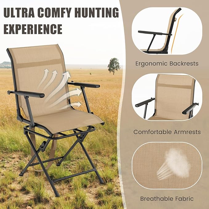LDAILY Moccha Hunting Chair, 360° Swivel Blind Chair w/Armrest & Mesh Back, Non-Slipping Pads, Sturdy Metal Frame, 330LBS Capacity, Portable and Silent Folding Hunting Chairs for Blinds (Brown)