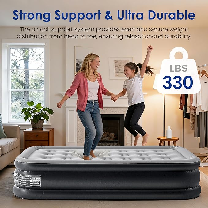 Camping Twin Air Mattress with Built-in Pump 18" Thickness 330lbs Heavy Duty Comfortable Blow up Air Mattress with Carry Bag Inflatable Foldable Flocked Top Air Bed for Travel, Home (Black & Grey)