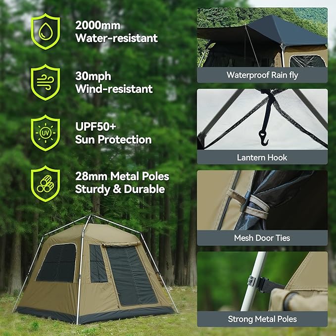 Instant Pop-Up Camping Tent with Removable Sunshade - 3-4 Person Dome Tent with UV Protection & Ventilation, Waterproof Windproof for Beach, Hiking, Outdoor.