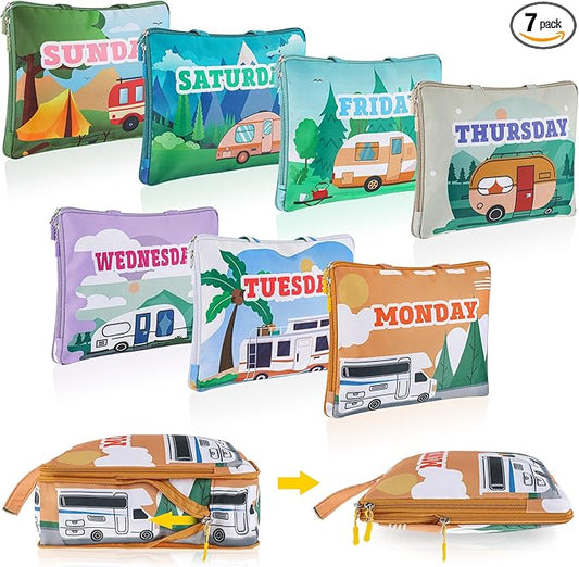 Paterr 7 Pcs Days of Week Packing Cubes Compression Packing Cubes for Kids Winter Camp Travel Daily Outfit Suitcase Organizers Zippered Storage Bag for Cruise Vacation Essentials(Camping)