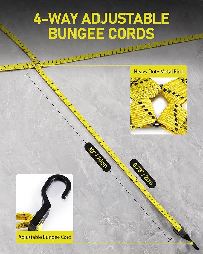 4 Pack 4 Way Flat Adjustable Bungee Cords with Hooks, Easy to Adjust The 4 Sides Length, Lucky Straps 30 Inch Black/Yellow Heavy Duty Tack Strap for Bike, Motorcycle, Roof Rack, Kayak, Cargo, etc