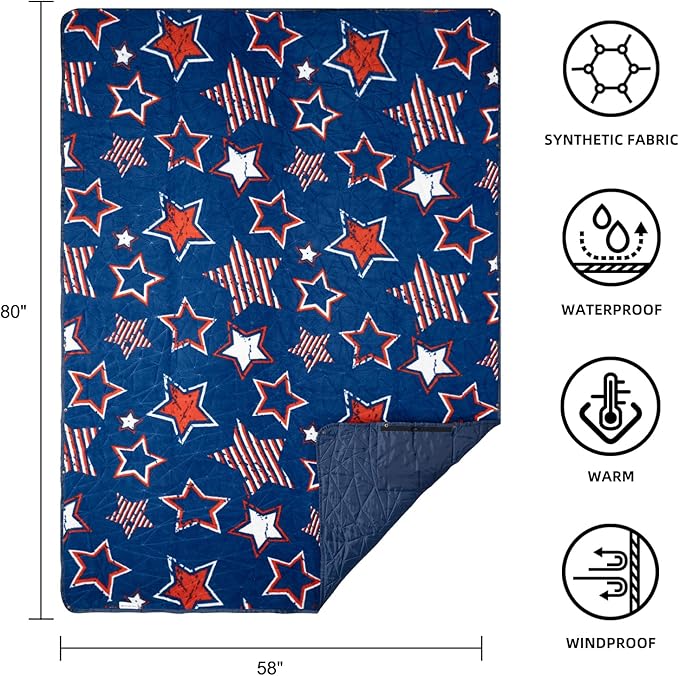 Outdoor Waterproof Blanket, Foldable Fleece Stadium Blanket for Outdoor Sports Event, Camping, Car, Pet, Picnics - Windproof, Wearable, Machine Washable 80" x 58" (Blue Star)